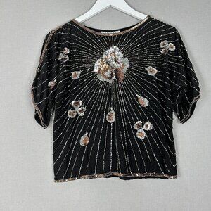 Vintage Argenti Womens Top Small Black 100% Silk Floral Sequin Blouse Art Deco